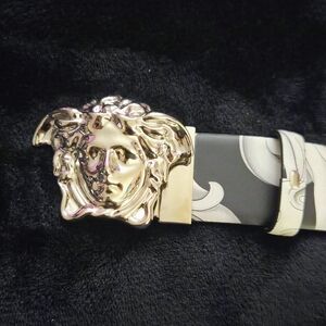 Versace Silver Medusa Belt with Black and Cream Strap